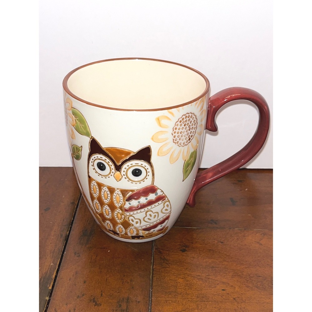 Ceramic Mug White Owl Sunflower Fall Harvest EUC 4.5 inches Tall 14 oz